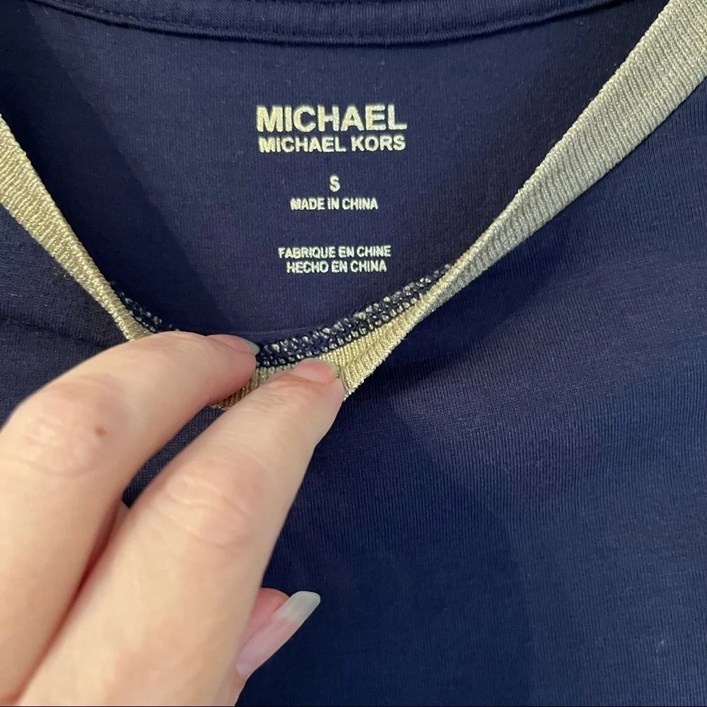 Michael Kors Navy Cotton T-Shirt Gold Trim Crew Neck Logo Top Sz Sm